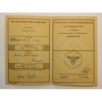 Reichsarbeitsdienst W.J. Zurückstellungsschein. Issued to Ichenk Helene. Espenlaub militaria